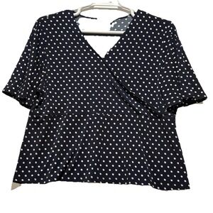 Liz Claiborne Blouse‎ Women's PXL Navy Blue V-Neck Faux Wrap Flutter Sleeve Top